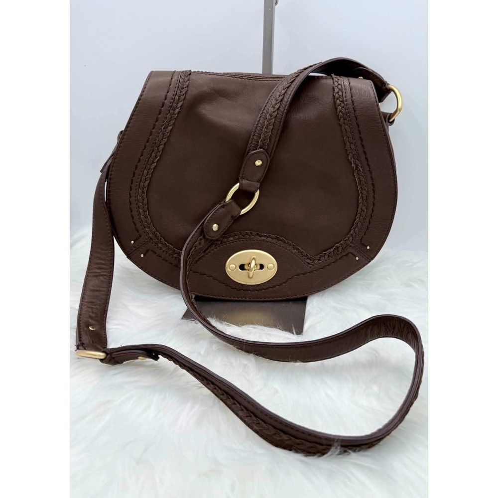 Sigrid Olsen Brown Leather Braided Crossbody Saddle Bag Gold Turn Lock Closure